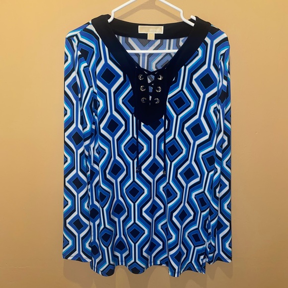 MICHAEL KORS Amalfi Blue Black Geometric Silk Blouse Long Sleeve Top Shirt - Picture 1 of 10
